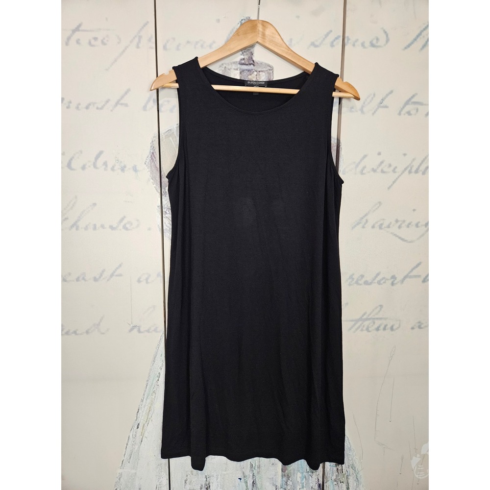 Eileen Fisher Sleeveless Shift Dress PL Black Viscose Jersey Stretch Petite